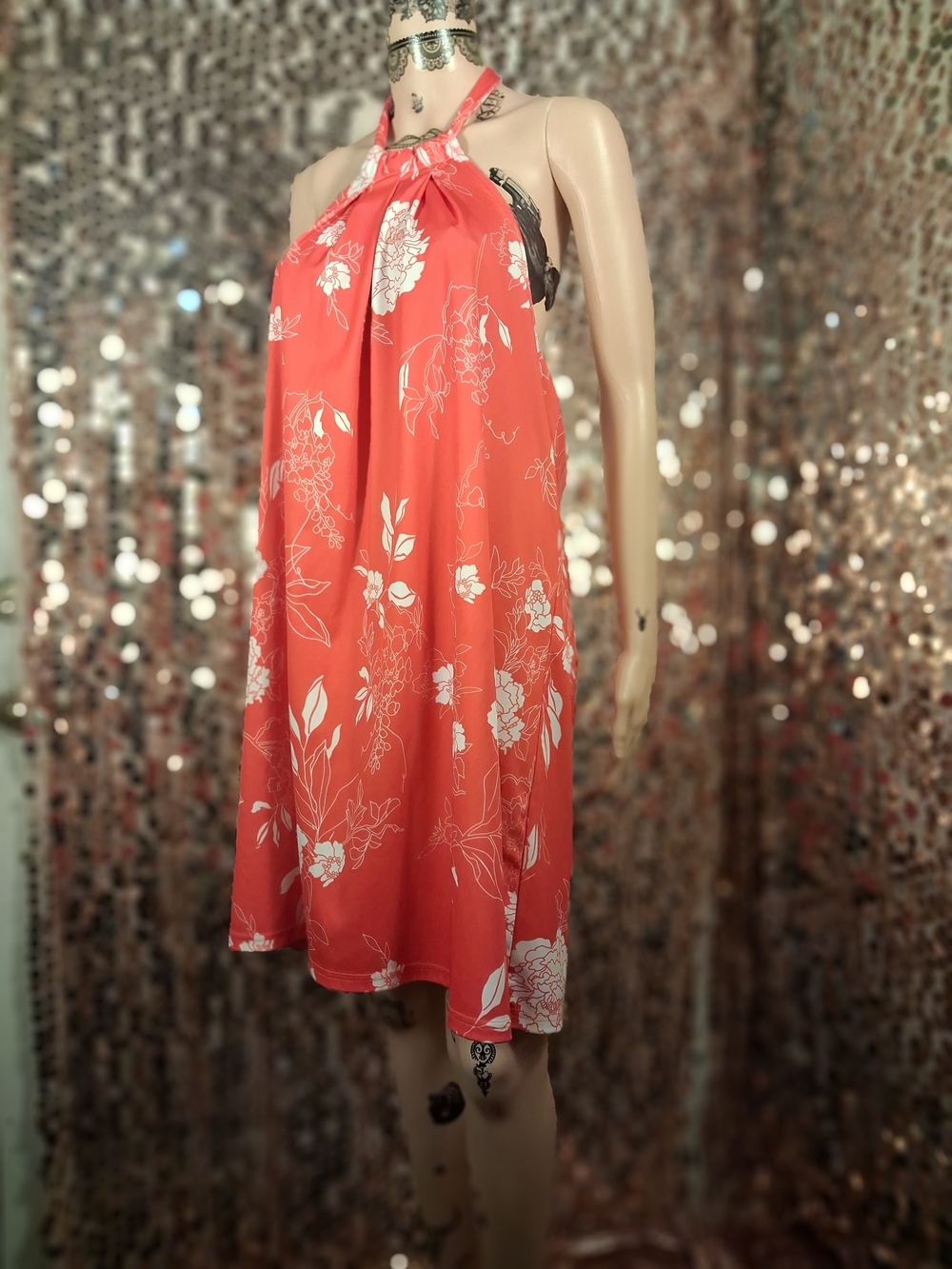 Vintage 70's Red Floral Halter Dress Unbranded